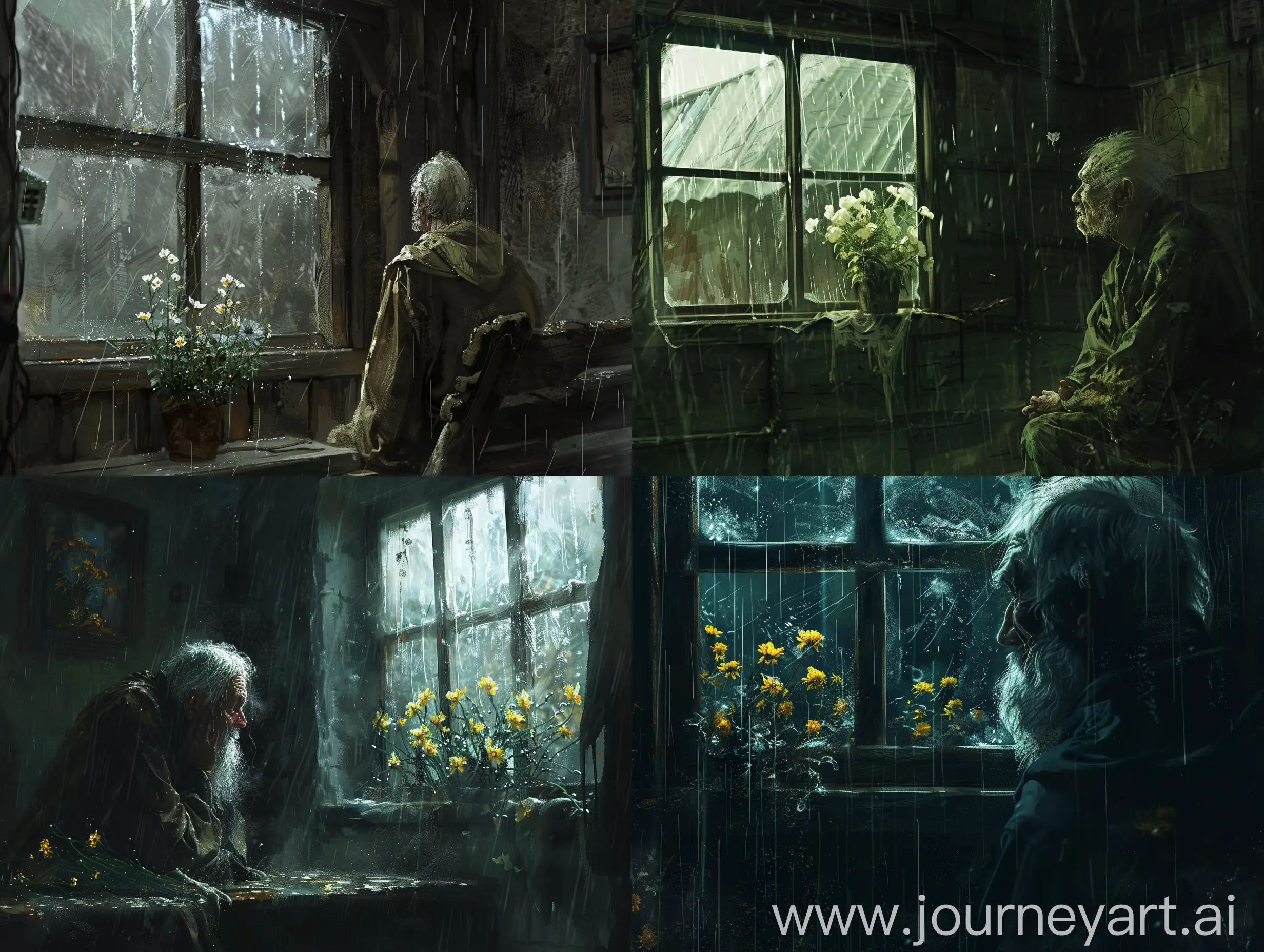 The image you have described is incredibly evocative, capturing a sense of deep emotion, solitude, and resilience. The AI will generate an image that conveys the ancient, solitary figure of the old man in his humble dwelling, gazing out of the rain-streaked window at the wilting flowers. The atmosphere will be filled with a melancholic yet enduring feeling, reflecting the old man's contemplation of the passage of time and the bittersweet memories of his heroic ambitions. The AI will also emphasize the contrast between the fragility of the flowers outside and the old man's inner strength, creating a powerful and poignant visual representation of your description.