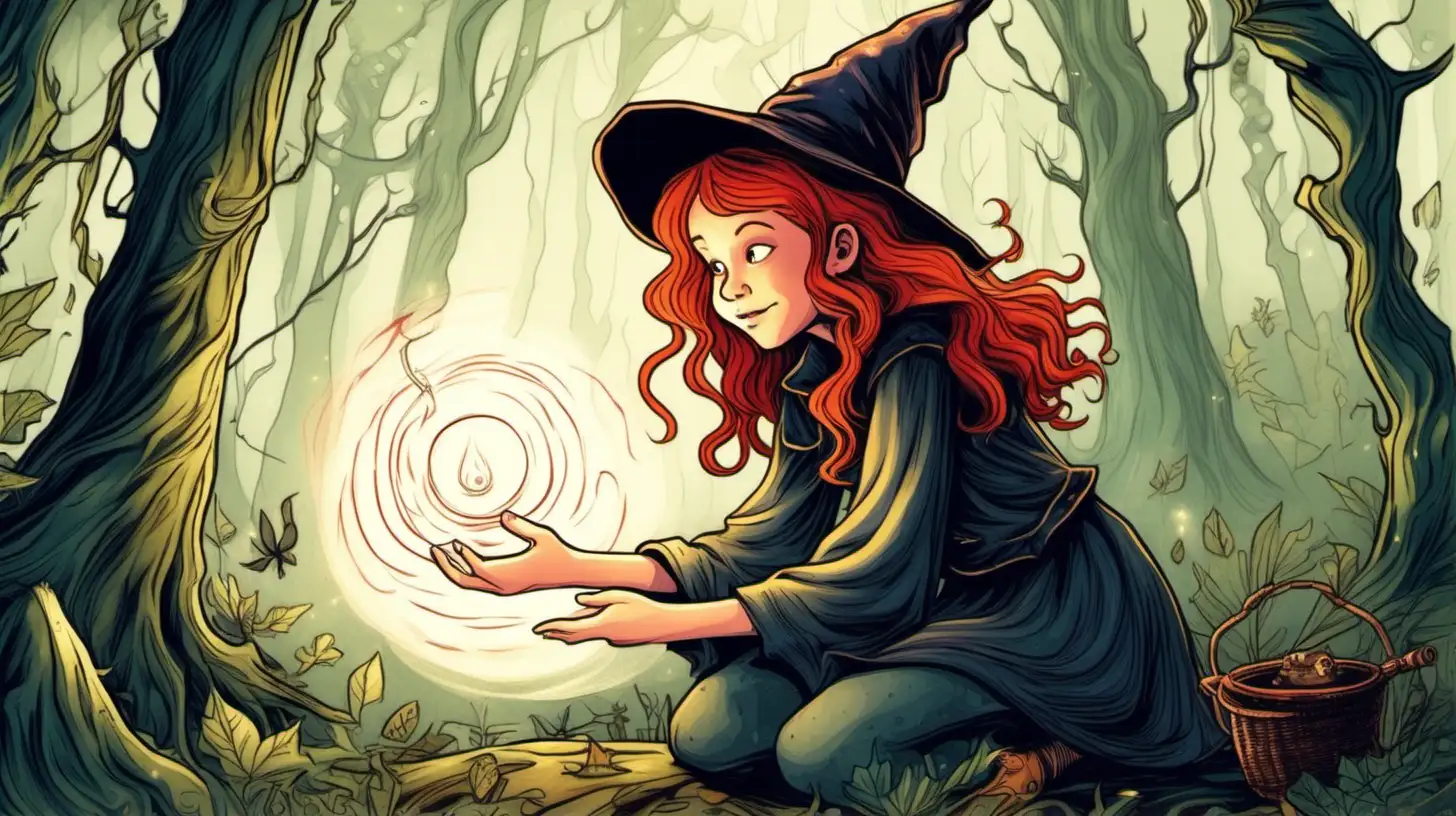 RedHaired 10YearOld Witch Casting Spells in Enchanted Forest