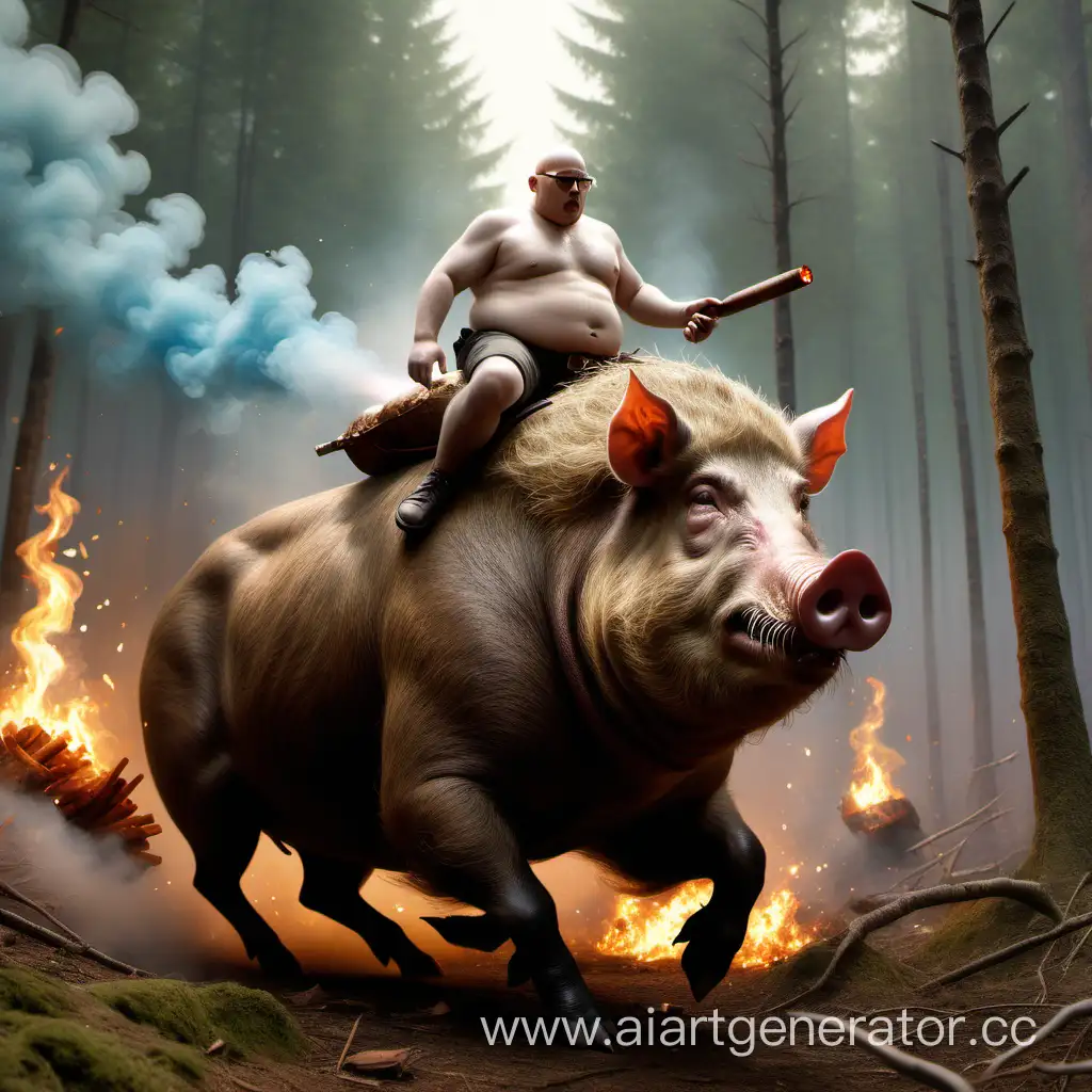 Chubby-Boy-Riding-Boar-Through-Forest-Amid-Explosive-Chaos