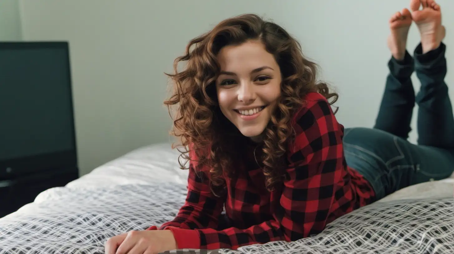 Smiling Woman in Red Checkered Top on Bed