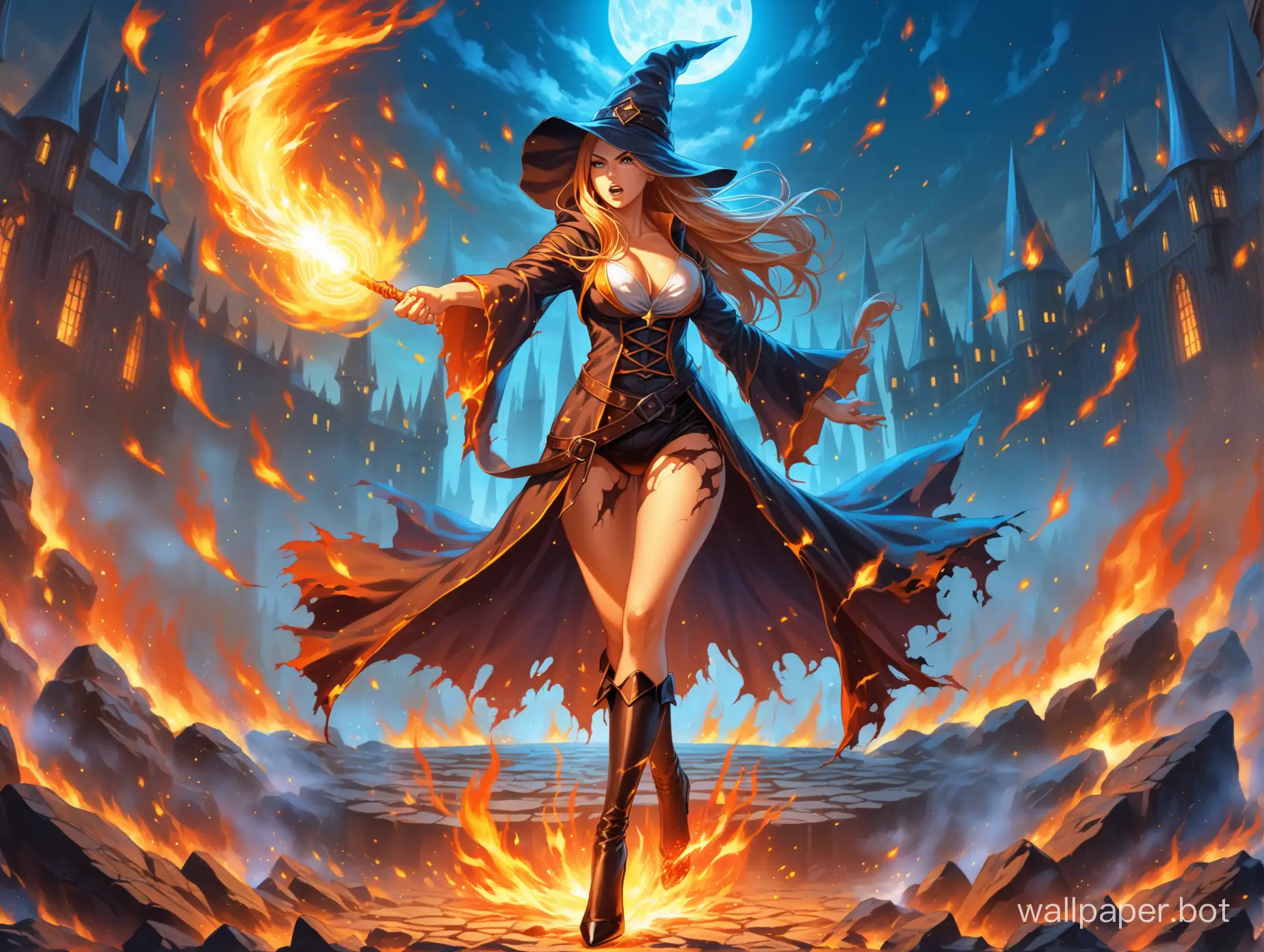 sexy female wizard wallpaper with torn clothes. black high heels. cast fire spell. fighting scene