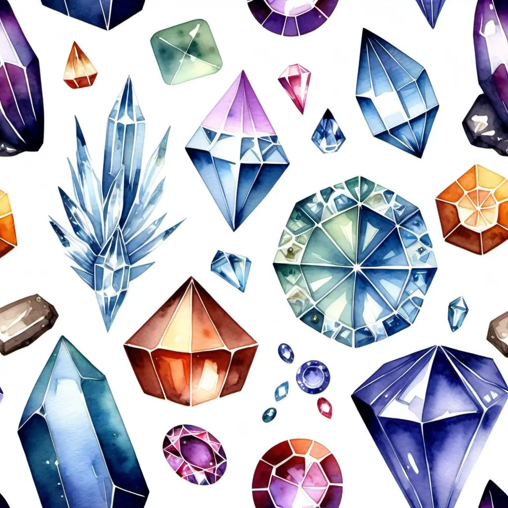 kristaller, diamanter, ädelstenar i vattenfärg
