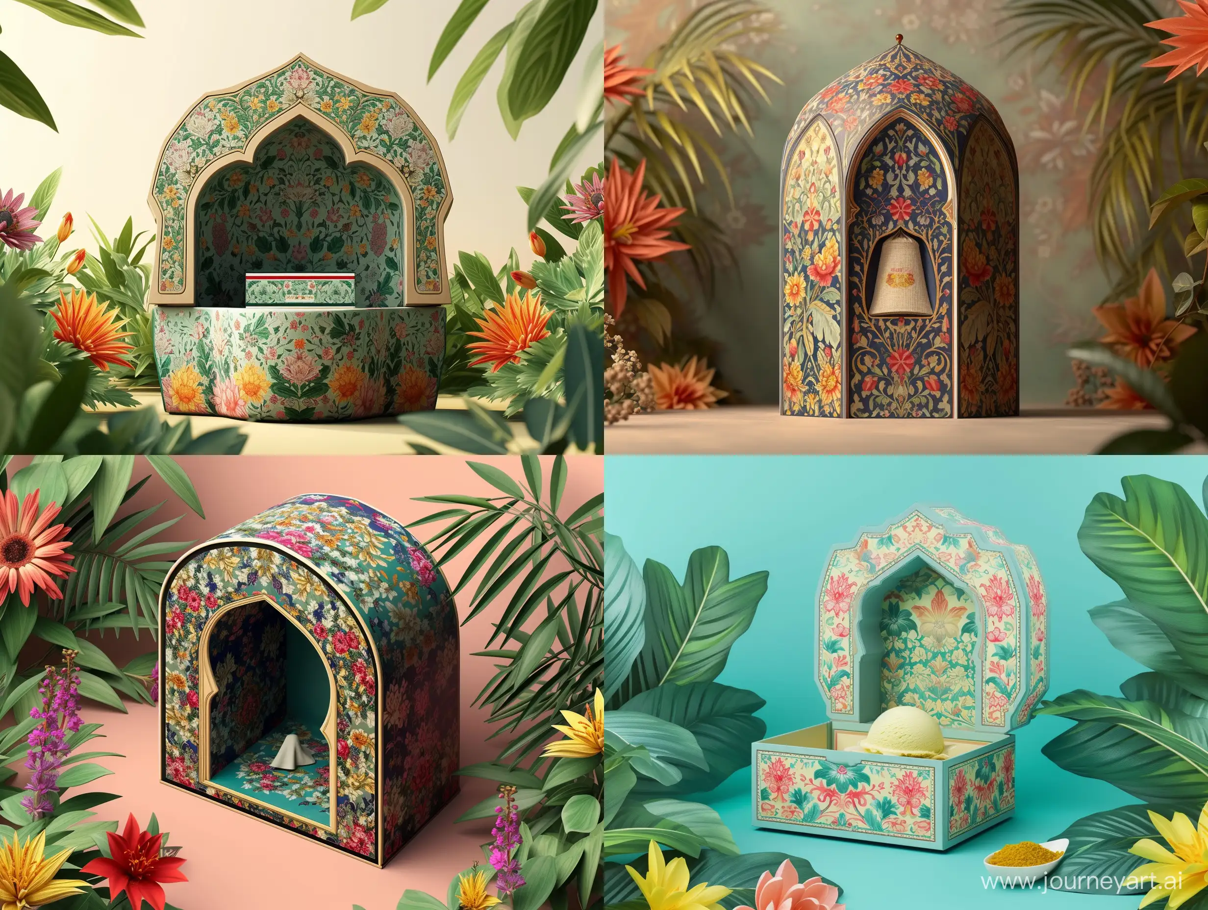 create me an image of a minimal design style and sustainable material packaging design that embodies the charm and meaning of the Iwan, a stunning vaulted archway in Persian architecture. Craft a miniature iwan-shaped container with persian patterns and Minimal colors inspired by miniature paintings Emphasize the traiditionality of the Iwan with a sleek design.
Depict the iwan amid lush flora and vibrant flowers to symbolize the transition from ordinary life to a paradisiacal realm, drawing inspiration from Persian miniature paintings for an artistic touch.
Make sustainability a focal point by using recycled paperboard with biodegradable lacquer for an environmentally conscious yet visually appealing package. Ensure that the materials used are recyclable, promoting a circular economy.
Incorporate interactive elements like a concealed compartment with a small fabric piece or scented sachet, providing a sensory experience that encapsulates the fragrance and ambiance associated with an Iwan.
Infuse the packaging with elements of minimalist design, sustainable materials, and interactive features, paying homage to the rich heritage and symbolism of Persian culture. By doing so, elevate traditional Persian saffron ice cream to a global sensation, highlighting the enduring beauty and cultural significance of Persian architecture. realistic style