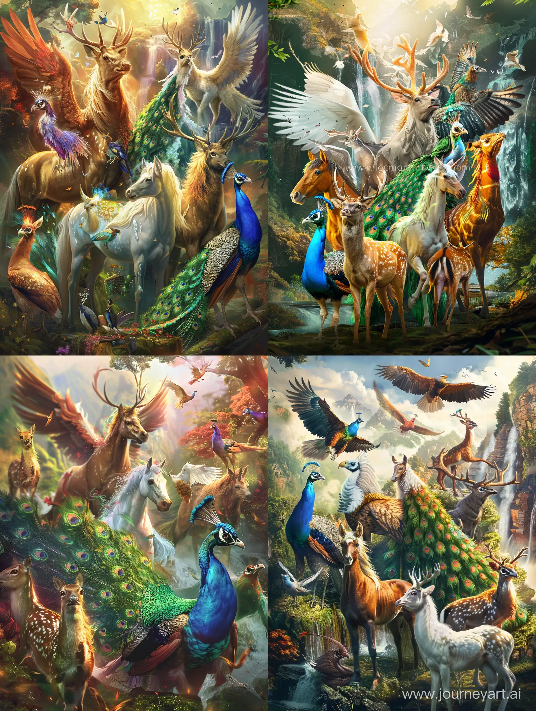 Create a mesmerizing, high-resolution image of the most beautiful and fantastic hybrid animals imaginable. Imagine combinations of various majestic creatures, like the grace of a horse with the wings of an eagle, or the elegance of a deer with the colorful plumage of a peacock. Each hybrid animal should be detailed with realistic textures and colors, showcasing their unique and surreal beauty. The setting should be a breathtaking natural landscape that complements the magic of these creatures, with vibrant colors and a touch of ethereal lighting to enhance the fantasy element. The image composition should be like a professional wildlife photograph, capturing the animals in dynamic, natural poses to convey a sense of realism within the fantastical. Focus on the sharpness of details, from the feathers to the fur, ensuring each creature stands out distinctly in this high-definition, artistic portrayal.