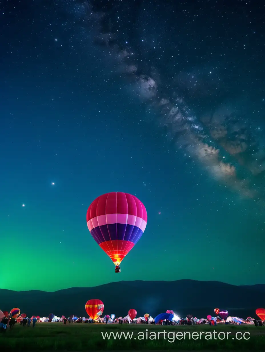 Фестиваль воздушных шаров Nasharu23.ru на фоне гор Ачешбок, Тхач в Псебае на аэродроме  и Млечного пути. Много людей и воздушных шаров в небе. Расцветка воздушного шара зелёный, малиновый, синий.