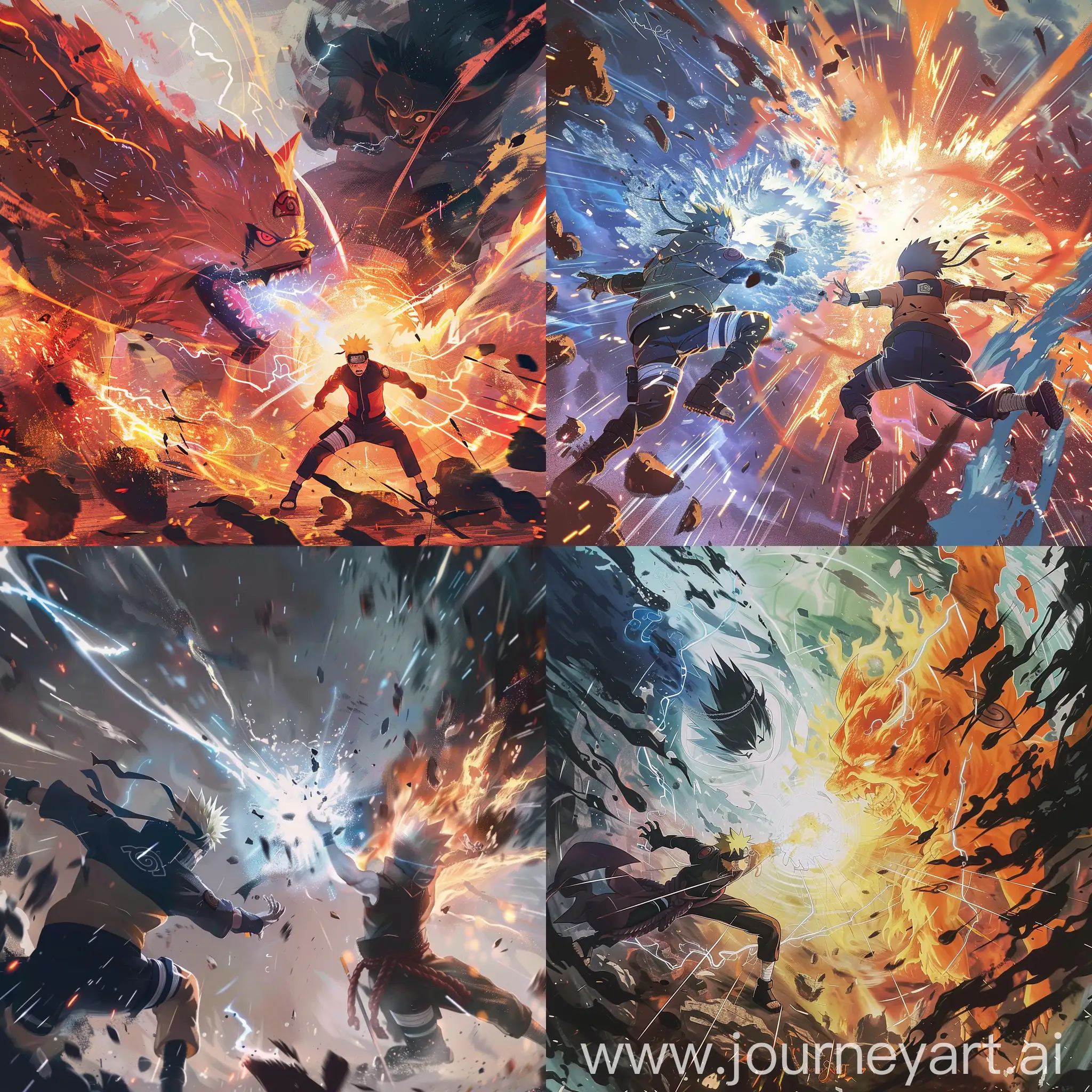 Design  an  intense  anime  art  piece  capturing  a  climactic  battle  between  two  powerful  characters naruto,  with  dynamic  poses  and  impactful  special  effects