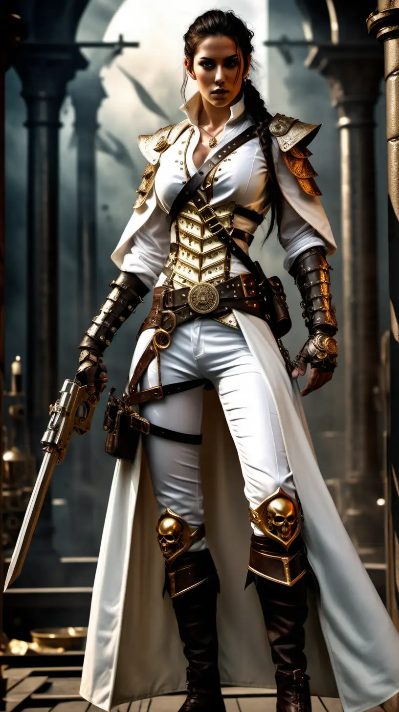 (cinematic lighting), Photo realistic beautiful young tall, very muscular, dark braided hair, female templar, white armored robe with a golden sun emblem leather pantalons, full body, in fighting stance steampunk pirate pistol, With an alluring gaze and an air of otherworldly grace, she embodies the enchantment and rebellious spirit of this magical-infused realm, full body photo, angle from below, intricate details, detailed face, detailed eyes, hyper realistic photography,--v 5