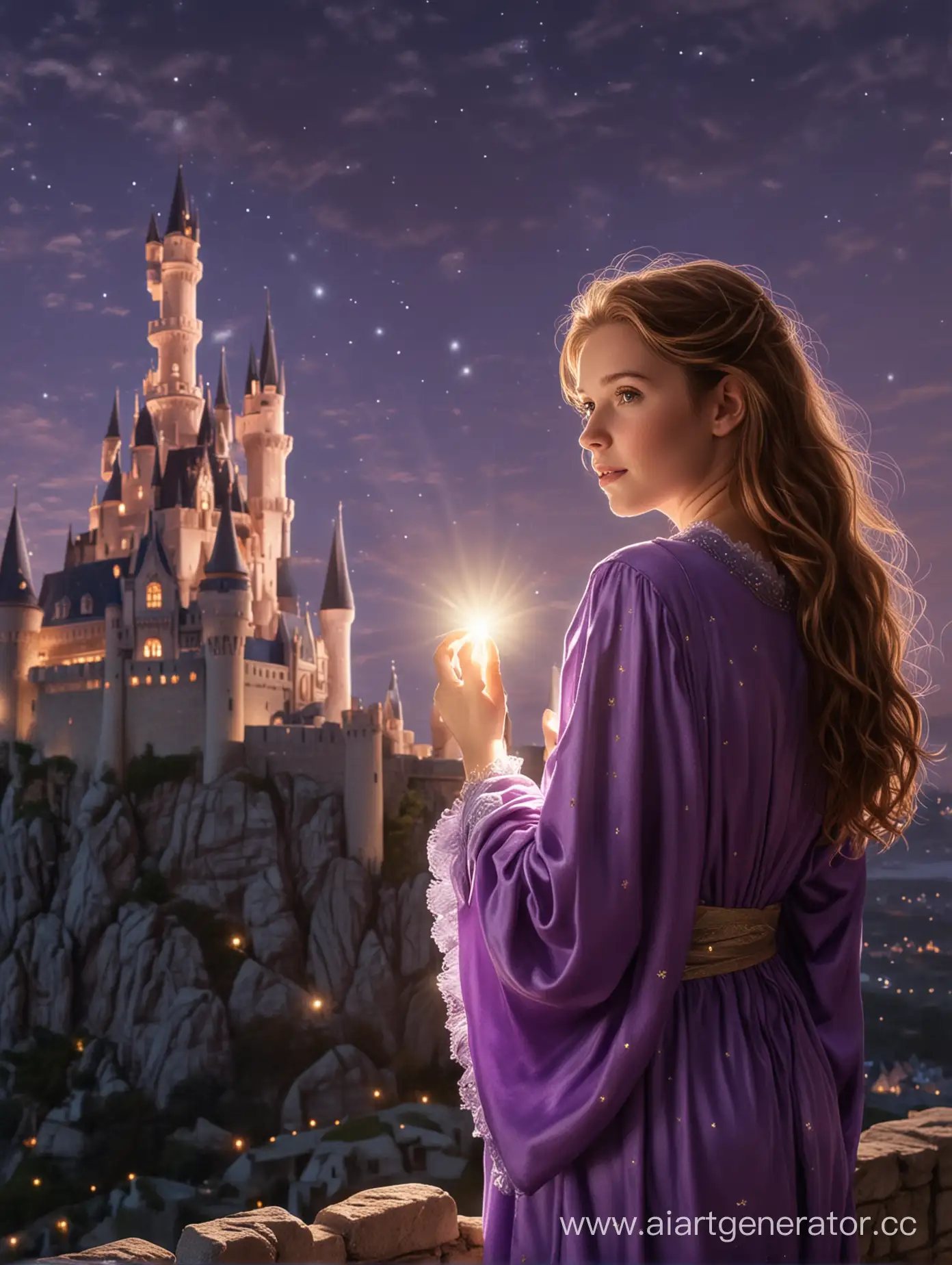 The castle is visible in the distance. In front is a girl with brown hair, in whose hands a magical light shines. She's wearing a purple robe.