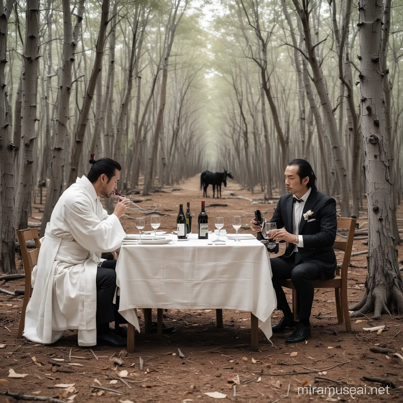 samurai in a ghost forest in a suit and tie drinking wine with the devil, sitting by a table for two with a white cloth