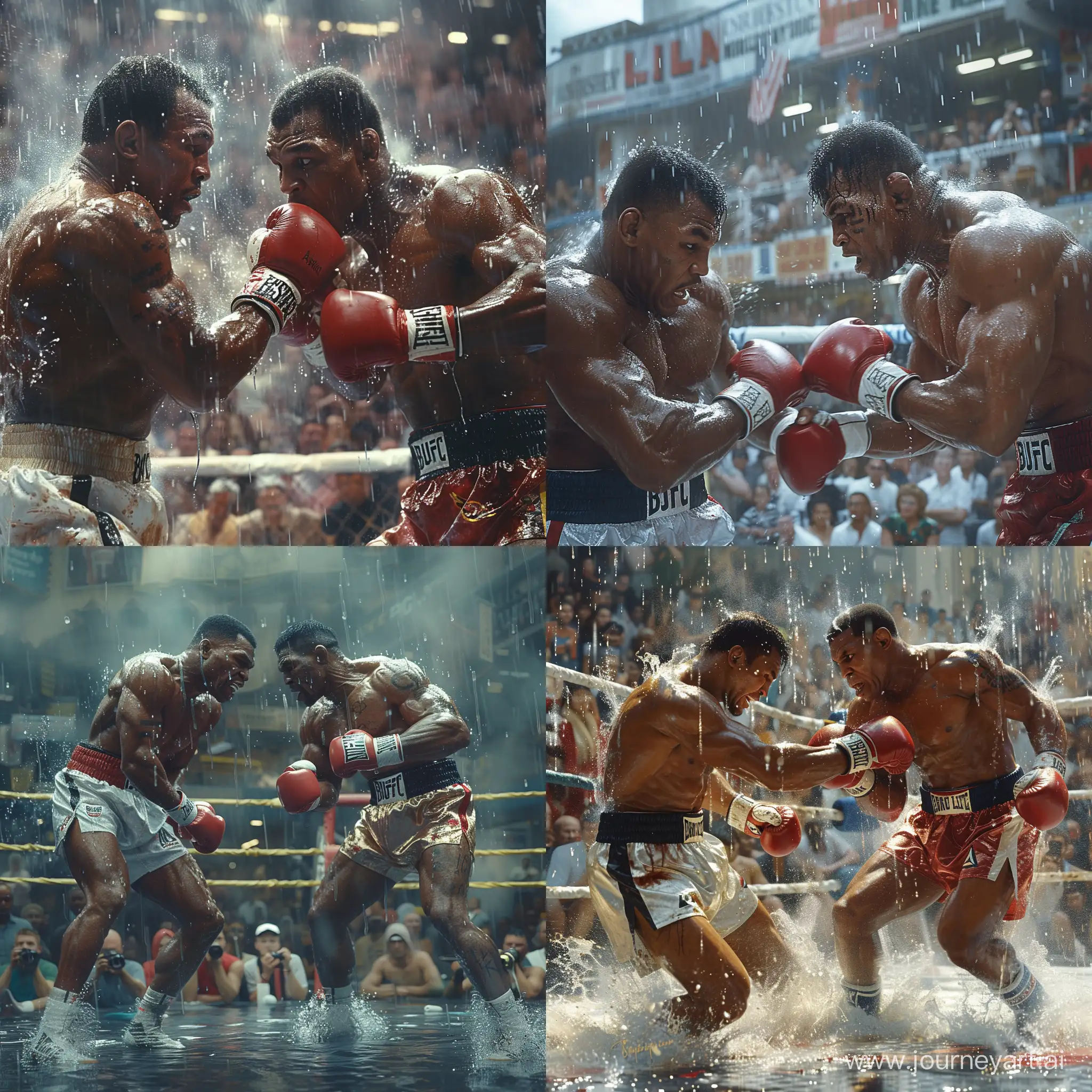 A realistic picture of mohamed ali and mike tyson playing mma in the rain, in front of an s udience watching the match, with blur in the background, accuracy, focus, and very fine details on fabrics, skin, and skin --stylize 750 --v 6