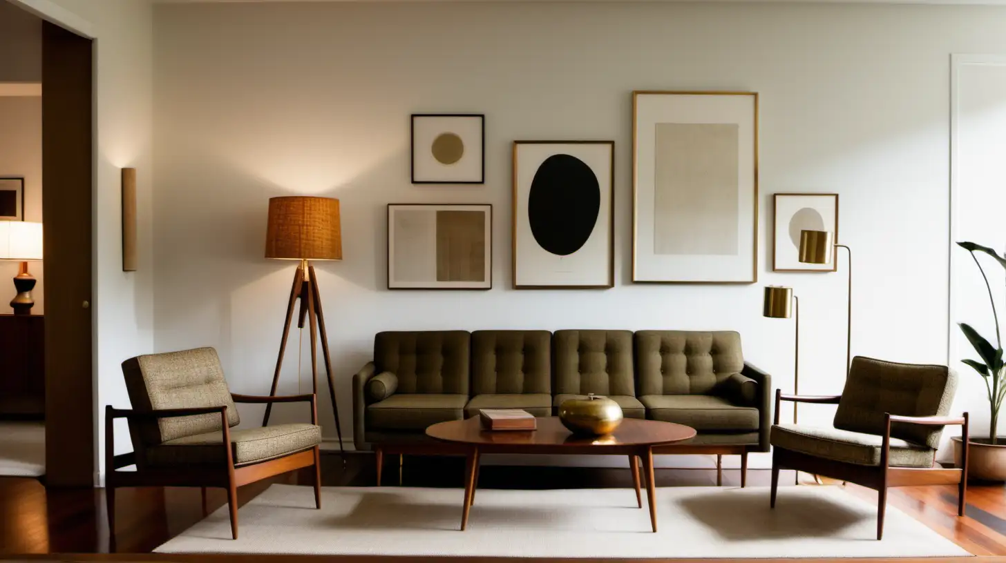 mid century modern minimalist Living room with tweed couch and teak wood furniture and brushed brass floor lamps. 