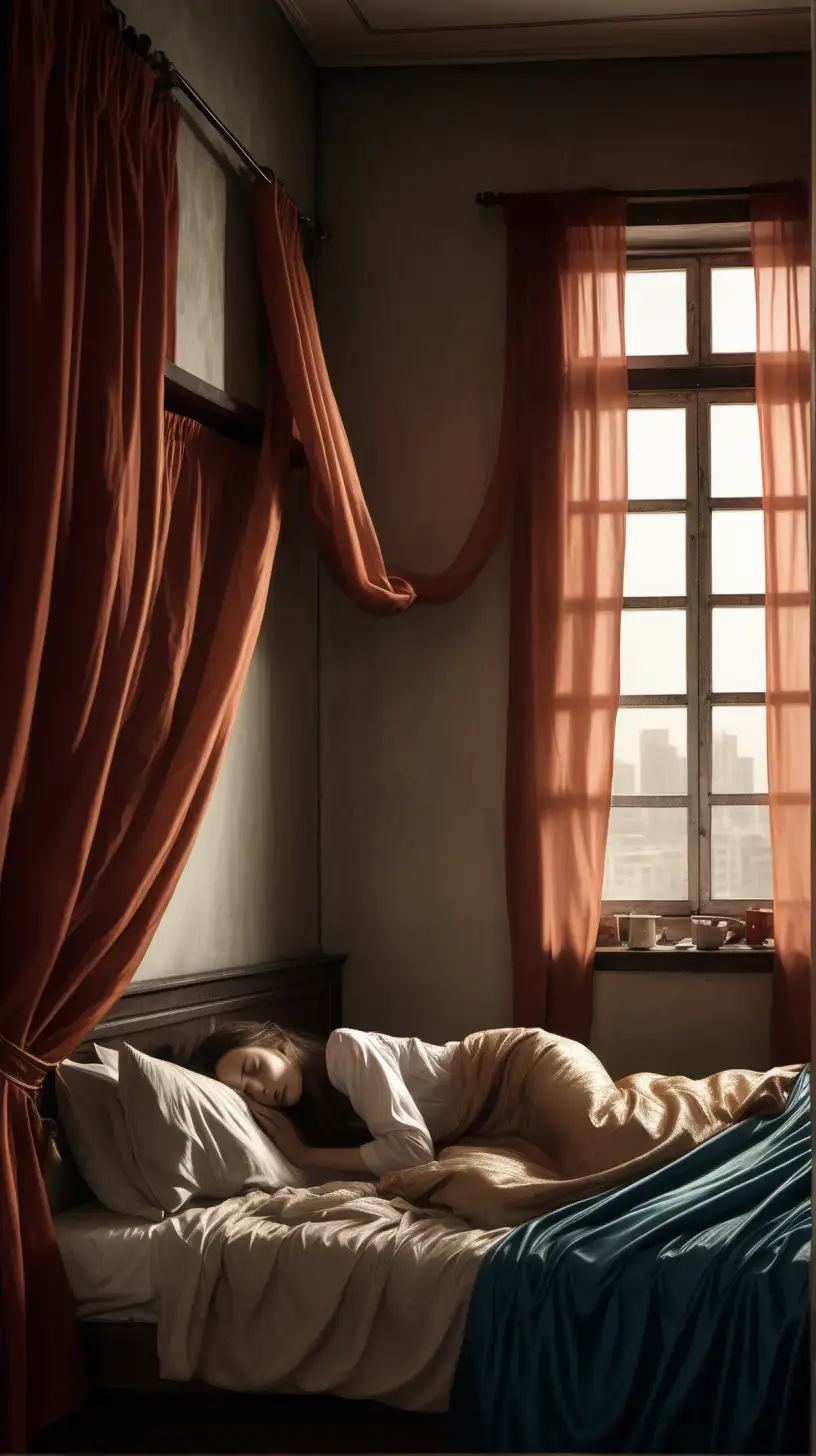 Draw a picture, a room with a window and silk curtains. The bed under the window, a woman with long hair is sleeping on the bed.