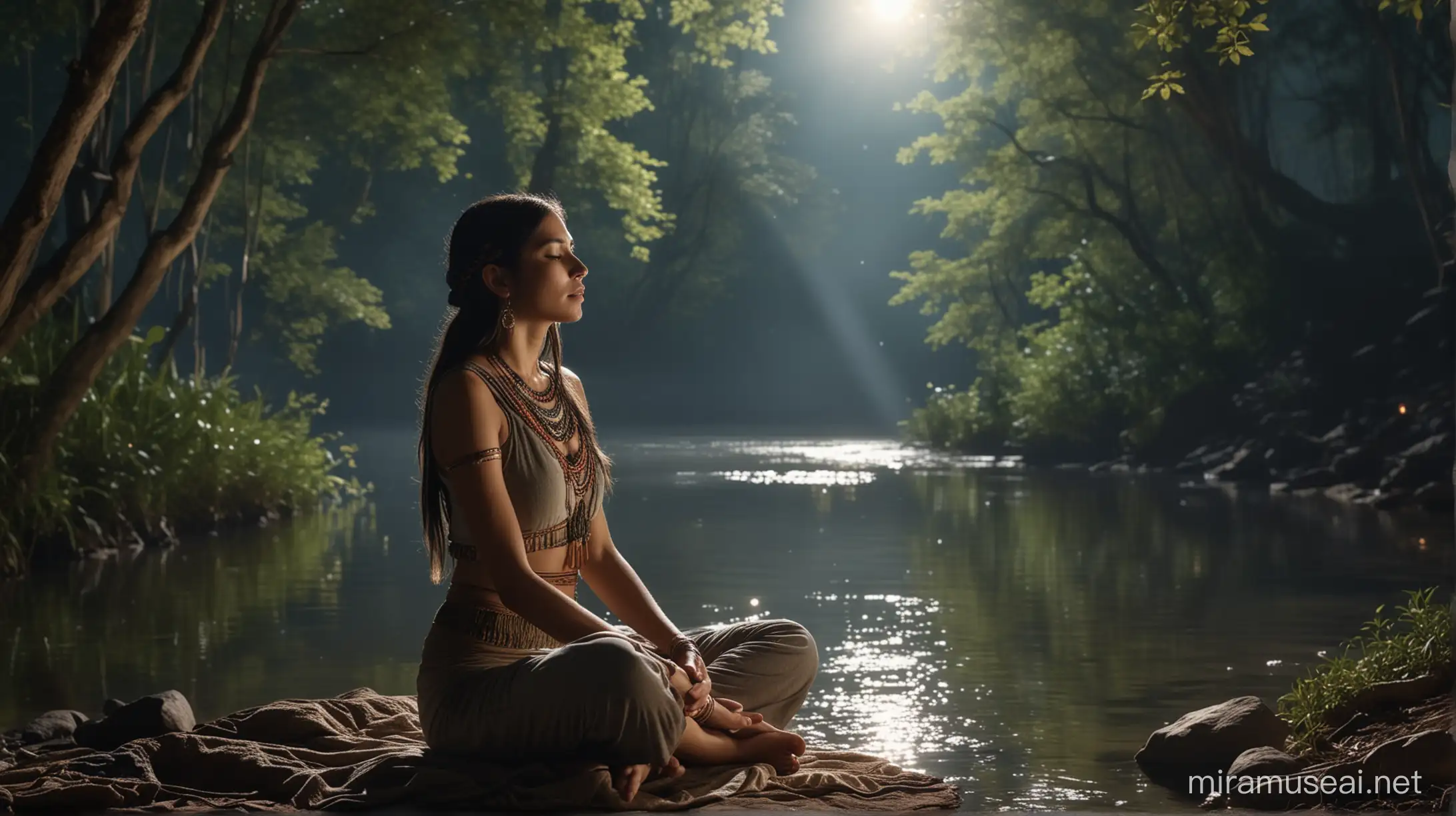 bella joven inca sentada a ojos cerrados meditando en una riviera de un bosque encantado, luz de luna llena, ambiente romántico y muy místico, imagen ultra real con detalles muy nítidas, cinematográfica 4k