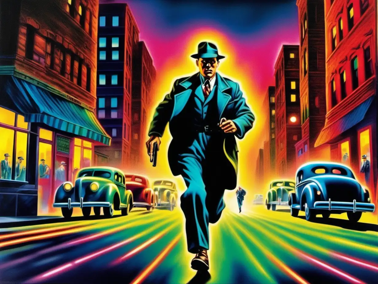 Vintage Detective Running Through Neon City Streets at Twilight