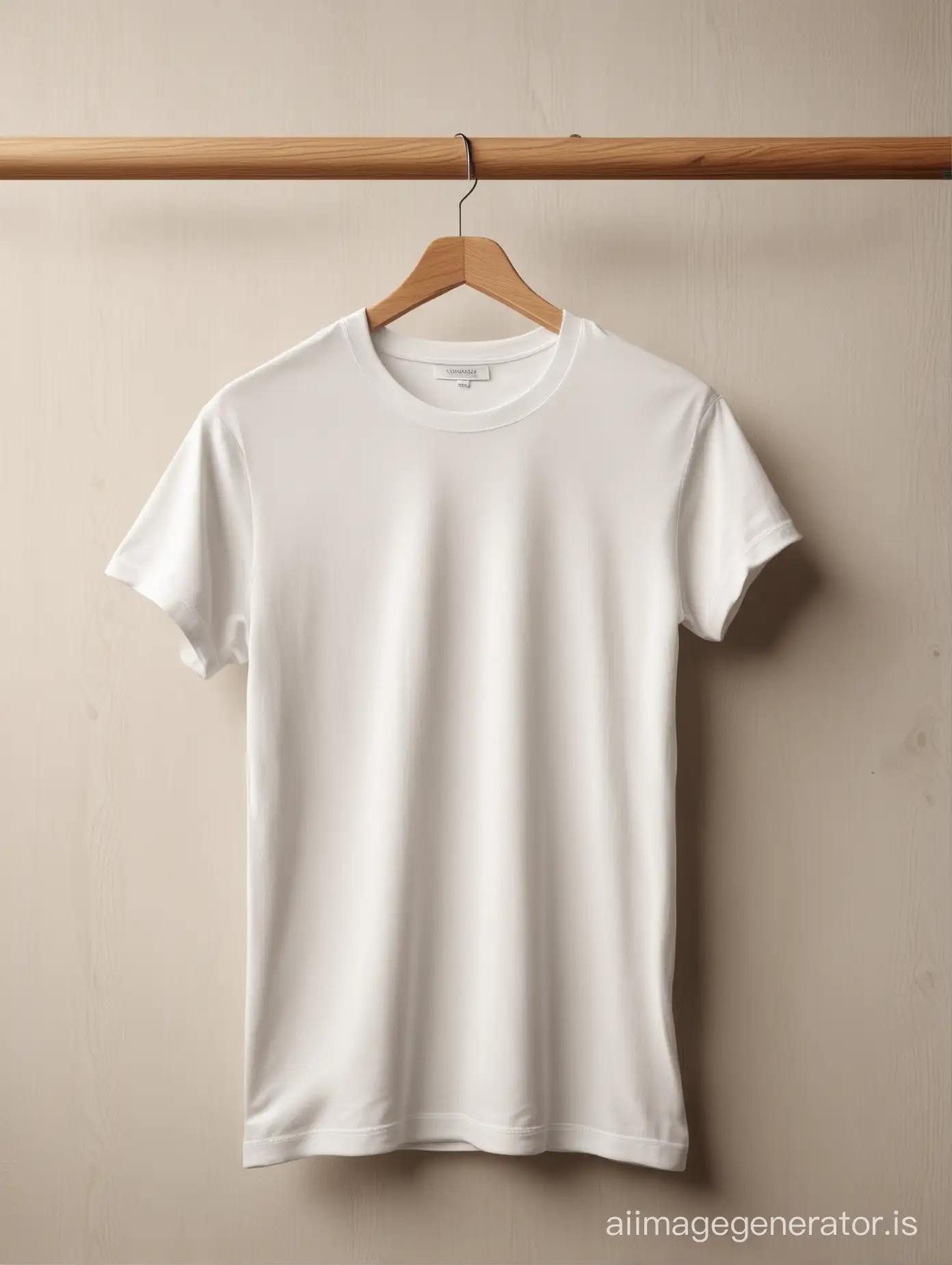 Super-realistic high resolution studio photo of a highly detailed cotton t shirt  in a rich, white color with a white label hanging on a wood hanger. Natural daylight streams in from the side, casting soft shadows that highlight the cotton texture of the cotton. Background is a seamless white paper with a subtle texture, creating a clean, luxurious feel. Overall aesthetic is high-end, minimalist, and inviting, reminiscent of a Zara brand catalog.