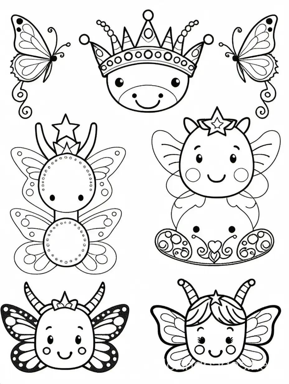 Design and craft fairy crowns adorned with dreamy fairy cows with butterfly wings. Use colored paper, glitter, and gems to create magical crowns fit for little princes and princesses, Coloring Page, black and white, line art, white background, Simplicity, Ample White Space. The background of the coloring page is plain white to make it easy for young children to color within the lines. The outlines of all the subjects are easy to distinguish, making it simple for kids to color without too much difficulty