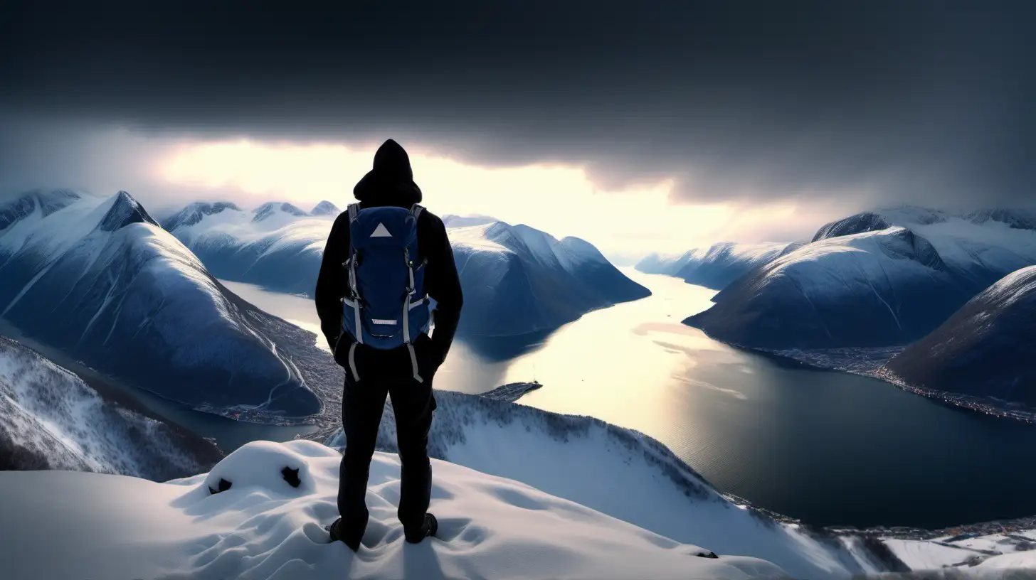 snowy mountains, silhouette of a bald guy with backpack overlooking Norwegian fjord with mountains on each side, guy looking away from camera, 1080p resolution, ultra 4K, high definition, volumetric lightning