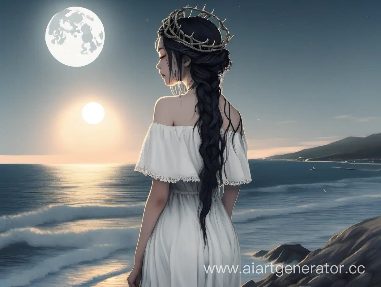girl by the sea white skin, white dress, black braided hair, moon crown