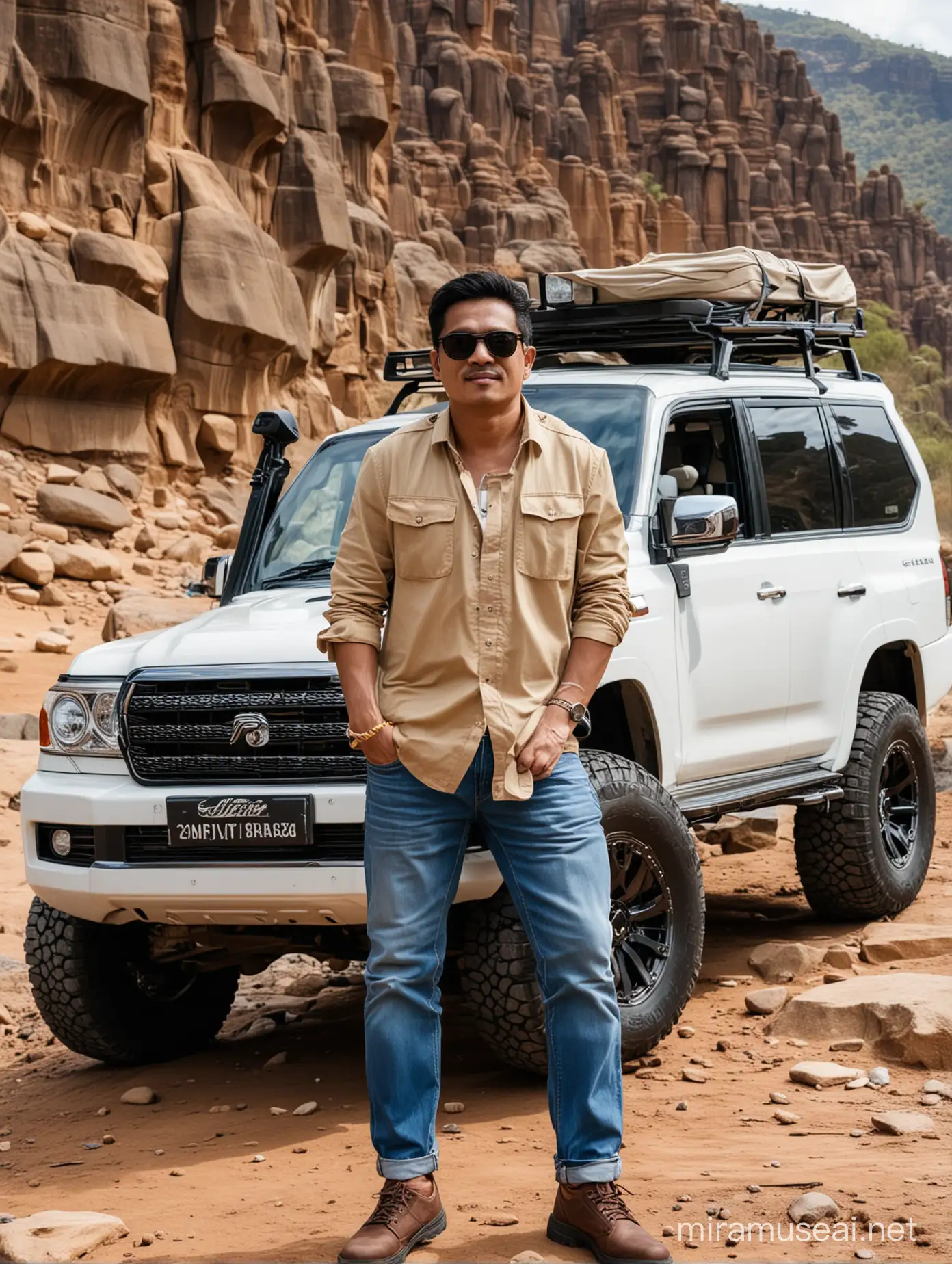 An indonesian gentleman with casual shirt and blue jeans with black sport sunglasses. In the behind there is a white car of land cruiser prado with super big tires. Background in the rock hills and big rock around.