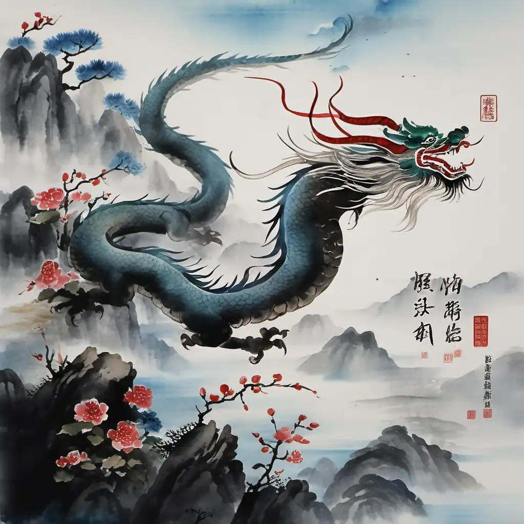 Happy Chinese New Year, Zhang Daqian style, traditional Chinese watercolor painting, no Chinese characters, Chinese Dragon, don't change to other animals, 2024, year of dragon