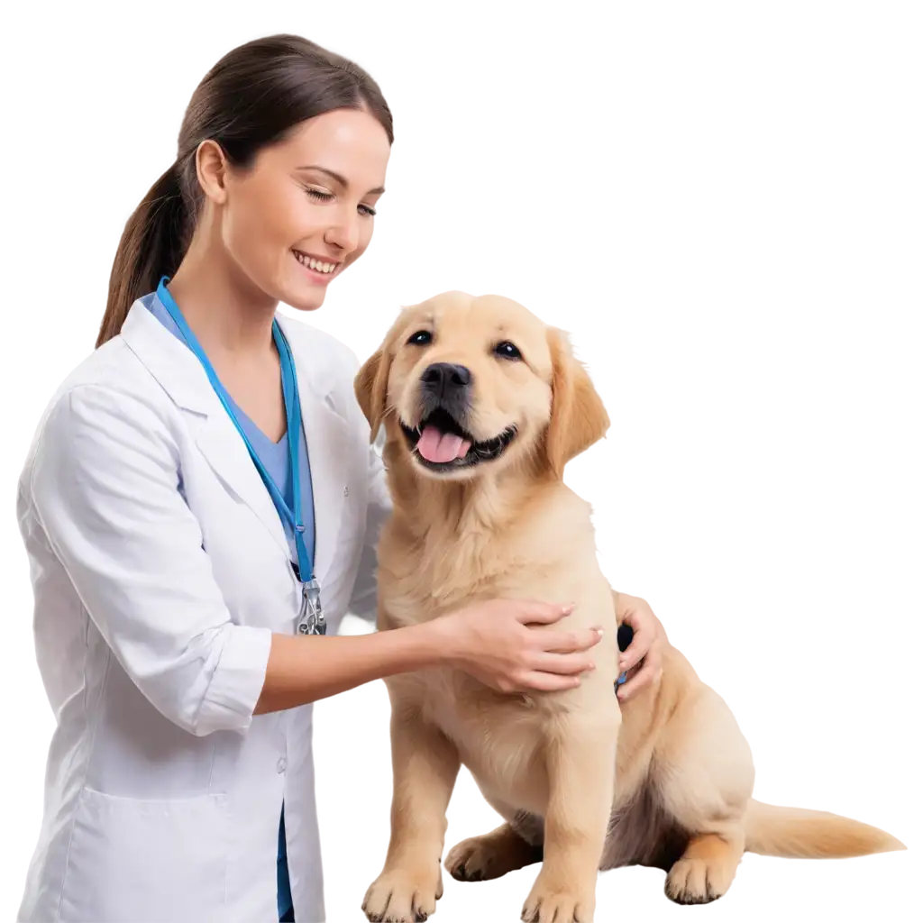 foto realista de un veterinario examinando a un perrito muy contento