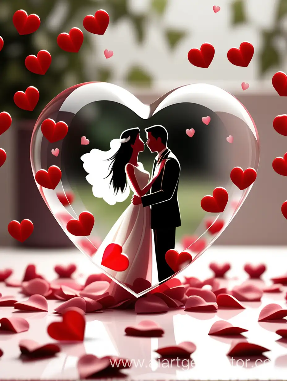 Горизонтальный баннер. На заднем фоне падают лепестки роз. На переднем стеклянное сердце, внутри которого фотография влюбленной пары и много маленьких красных сердечек вокруг этой фотографии. 