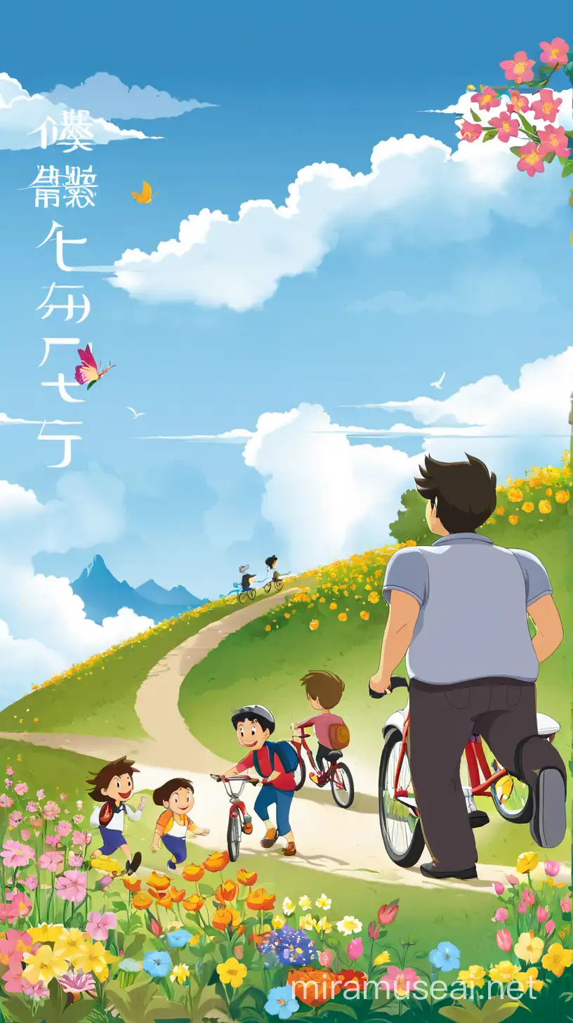 有四五个青年走在充满鲜花的小路上，其中有一个人正在推着自行车，其他几个人正在围着他欢快的交谈着什么