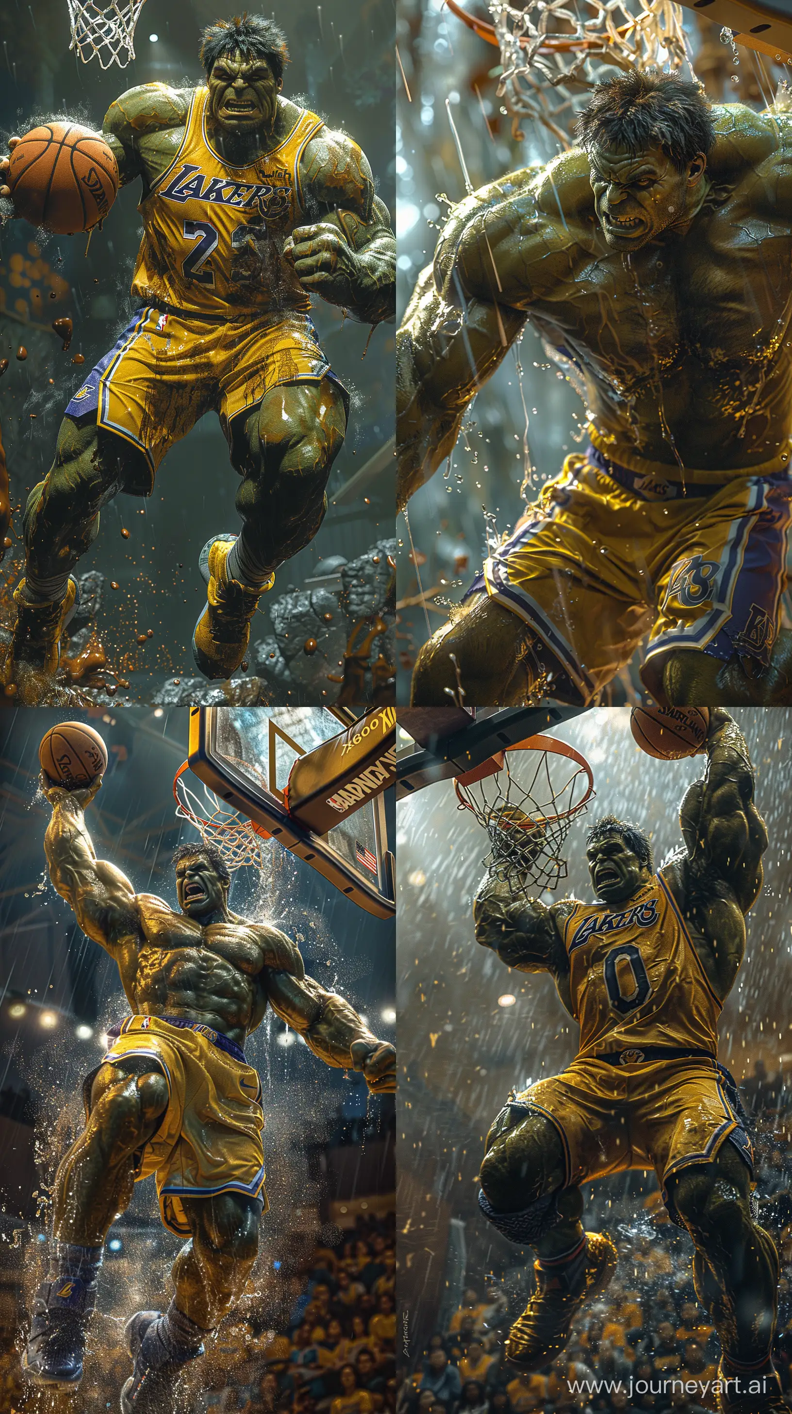 Marvel's Hulk playing basketball, he is jumping to dunk on the hoop and he is dressed in the Lakers uniform, realistic perspective, xbox 360 graphics, surrealistic realism, emotive realism, soggy, eerily realistic --ar 9:16 --stylize 750 --v 6.0 --v 6 --ar 3:4 --no 58125