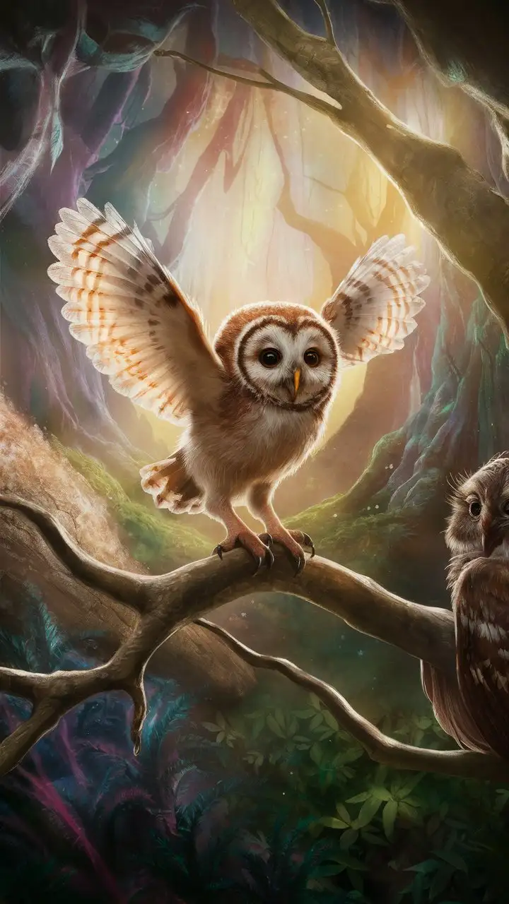 baby owl learning to fly in an enchanted forest