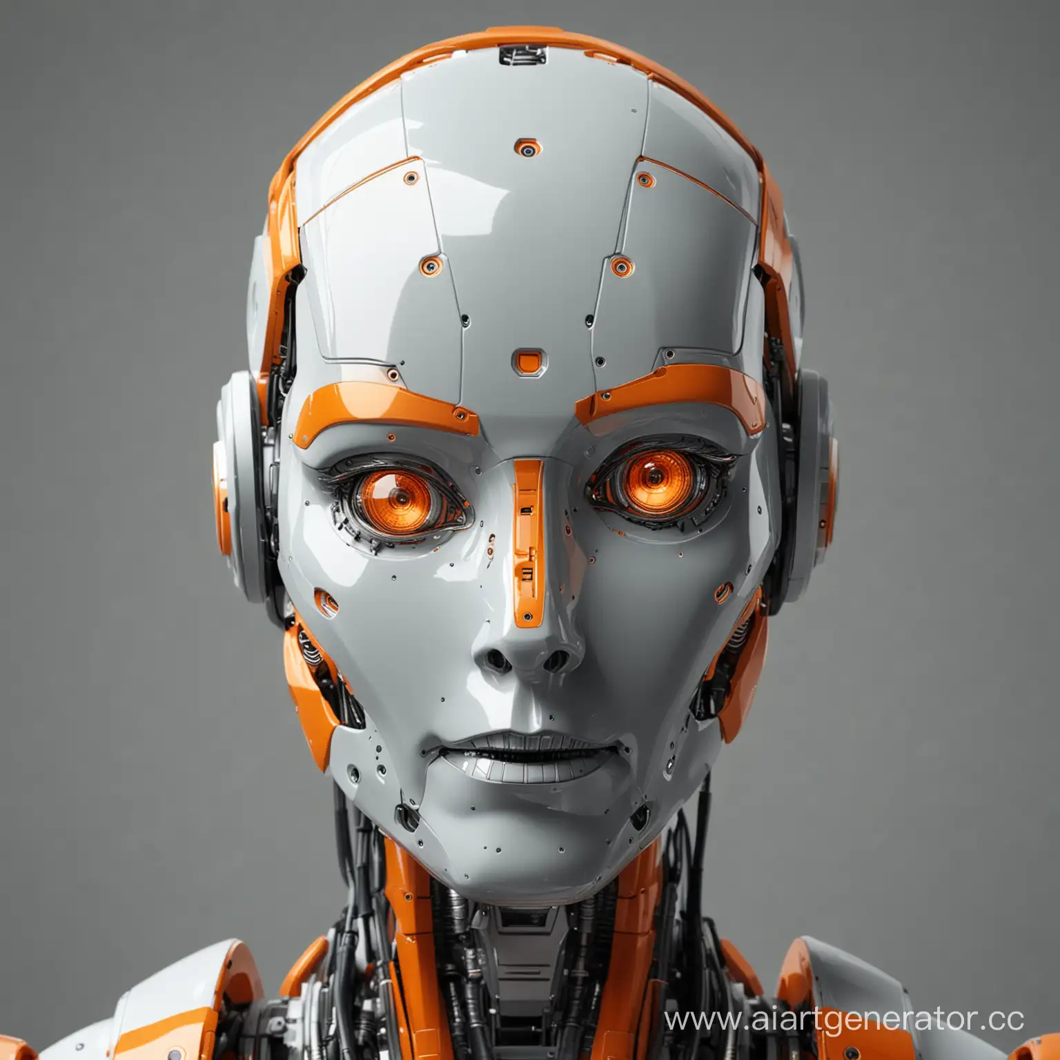 Портрет робота, смотрит прямо, серый фон, робот добрый, добрый взгляд, серый фон, робот портрет, механоид, человеческие черты, красивый, портрет, робот серого цвета с элементами оранжевого цвета