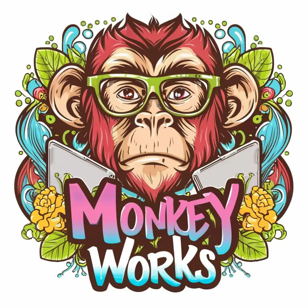 logo, vibrant. colourful graphic design monkey with glasses on and a laptop, with the text "Monkey Works", typography