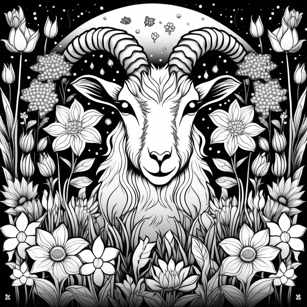 Create a coloring page with black background with an goat face sorounded by a lot of species of water flowers and field flowers at midnight 