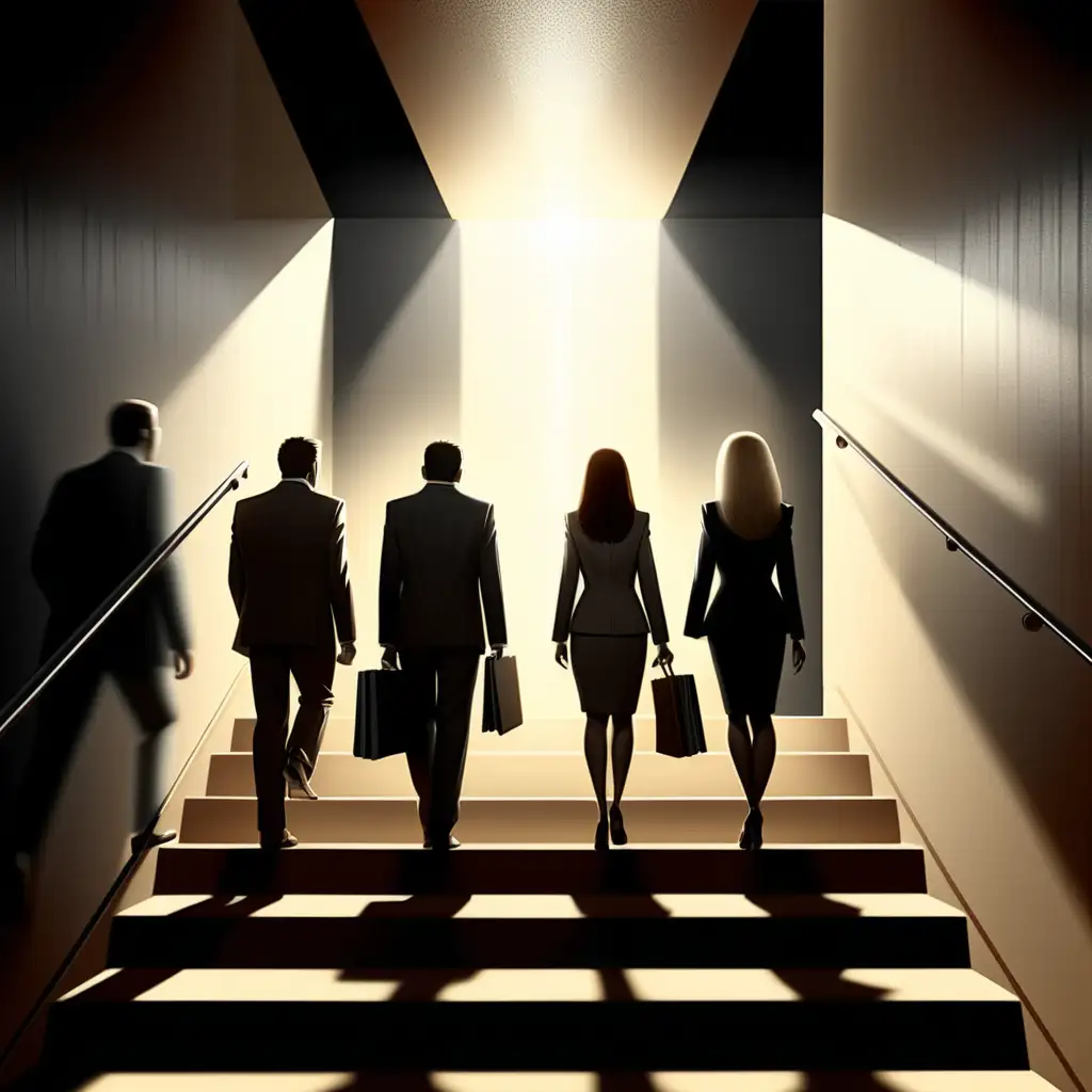4 business people; 2 men and 2 women walking upstairs towards a blinding light so we see them from the back - image should be pencil