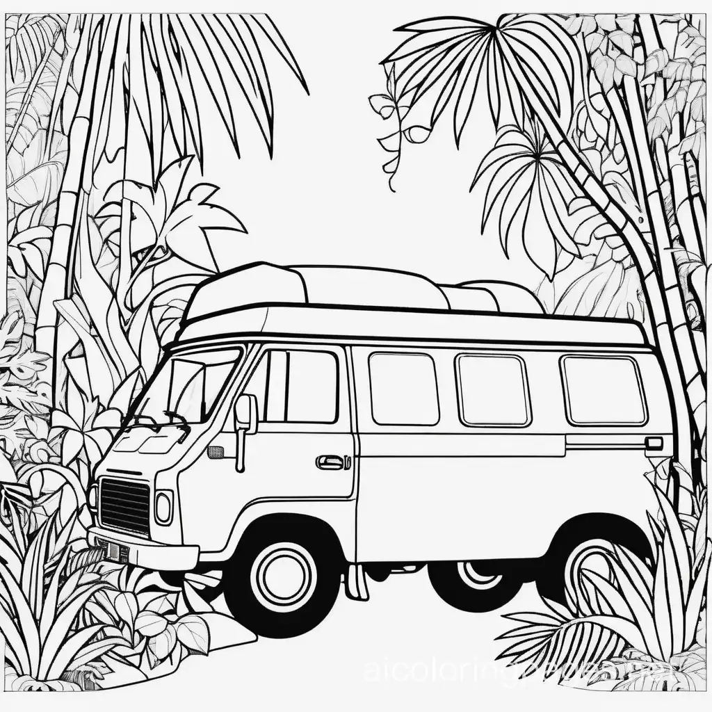 van in the jungle with vines, Coloring Page, black and white, line art, white background, Simplicity, Ample White Space. The background of the coloring page is plain white to make it easy for young children to color within the lines. The outlines of all the subjects are easy to distinguish, making it simple for kids to color without too much difficulty