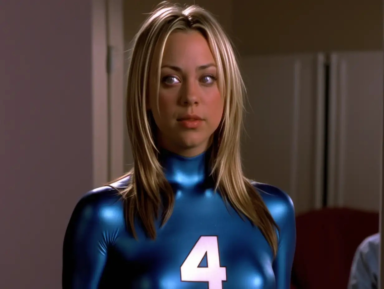 1999 dvd screen grab of Kaley Cuoco, she is wearing a fantastic 4 costume, her left arm is half way gone