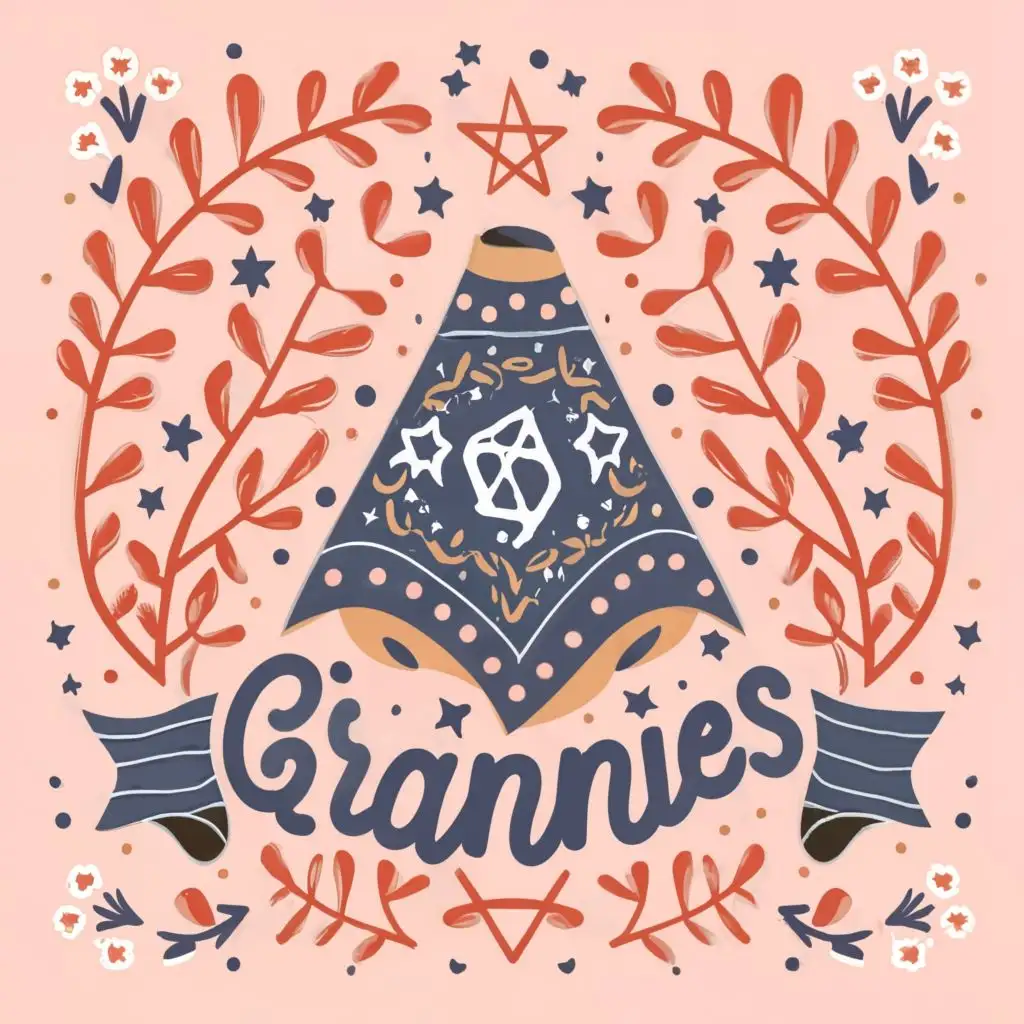 logo, Jewish headscarf with Stars of David, with the text "Kosher Grannies", typography