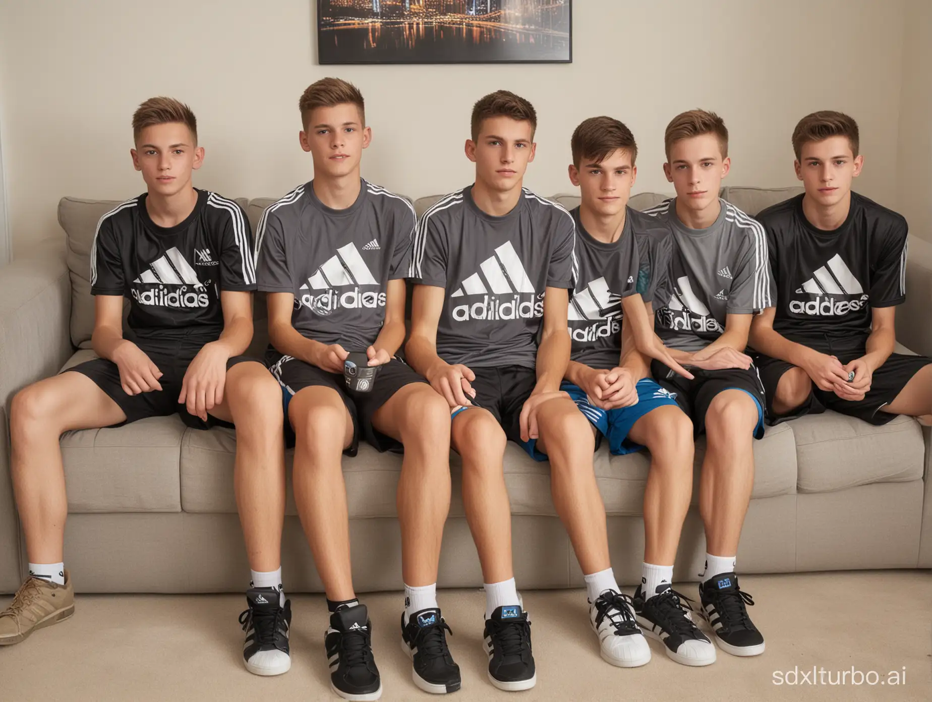 a group of 14 year old skinny gamer boys in adidas shorts on a couch