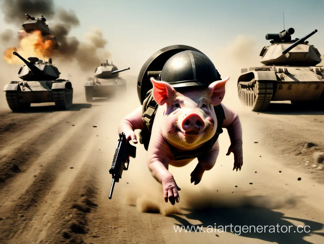 Свинья в каске и с ружьём бежит на группу танков