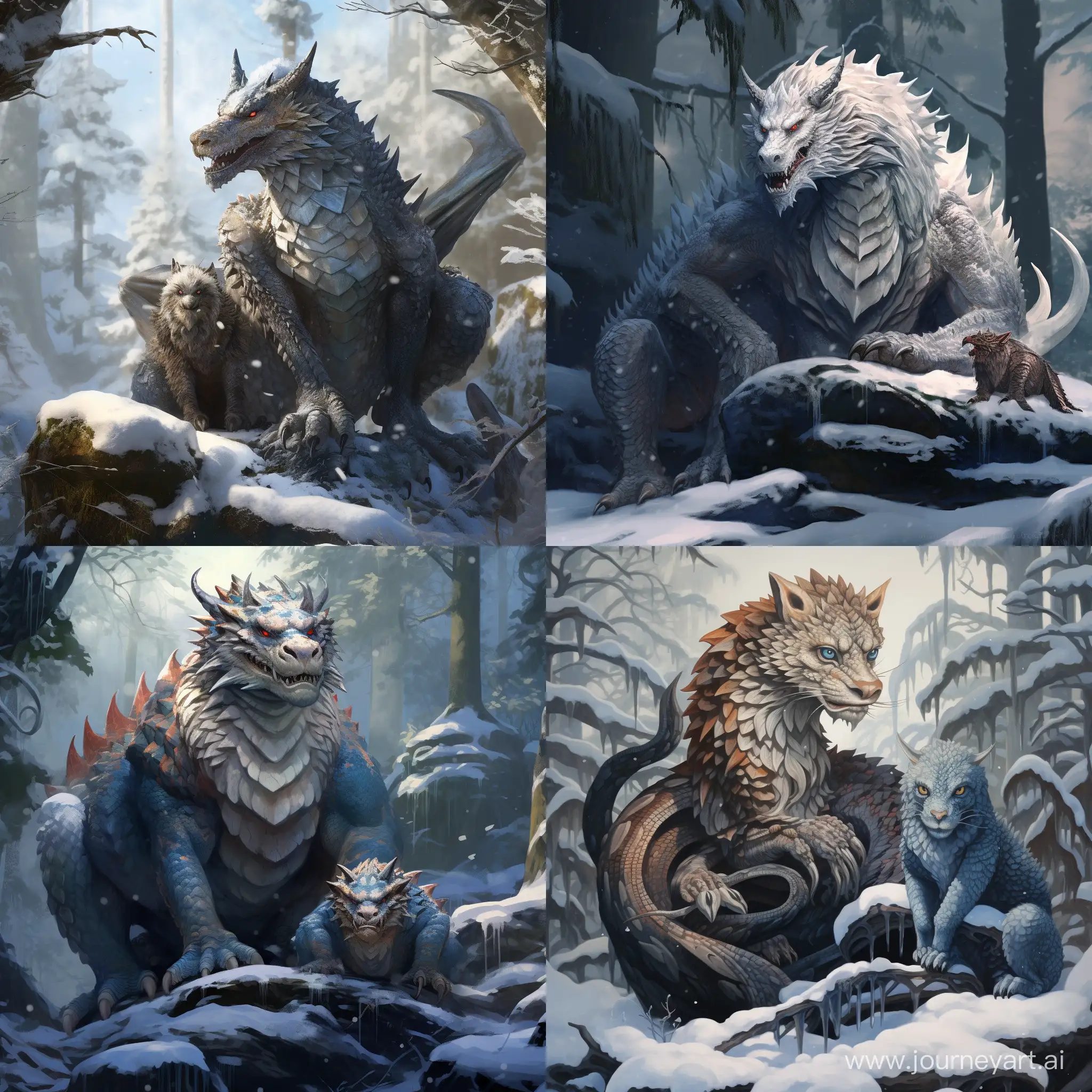 A hybrid of a dragon and a raccoon sits on a large rock in a snowy forest