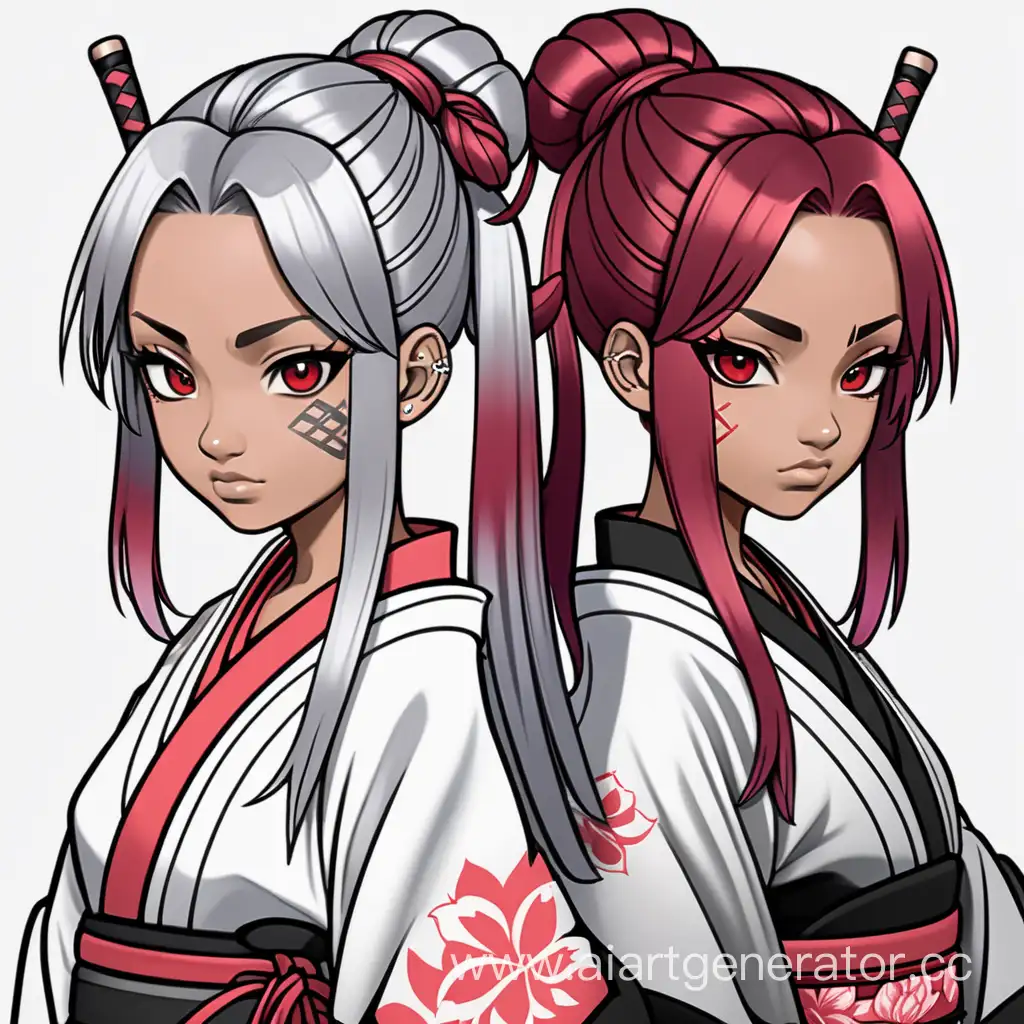 Create an Avatar In Anime Style Girl Two Twins With Two Colors Silver and Crimson Hair Ruby Eyes Black Skin on the Left Eye Scar Like a Cut on the Left Hand Tattoo In Scandinavian Style Samurai of the Edo Jidai Period