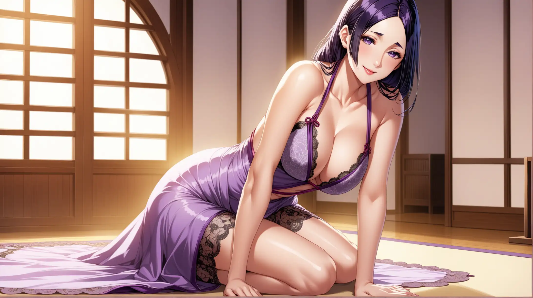 Draw the character Minamoto no Raikou, high quality, seductive pose, indoors on a sunny day, wearing a lacy dress, smiling at the viewer