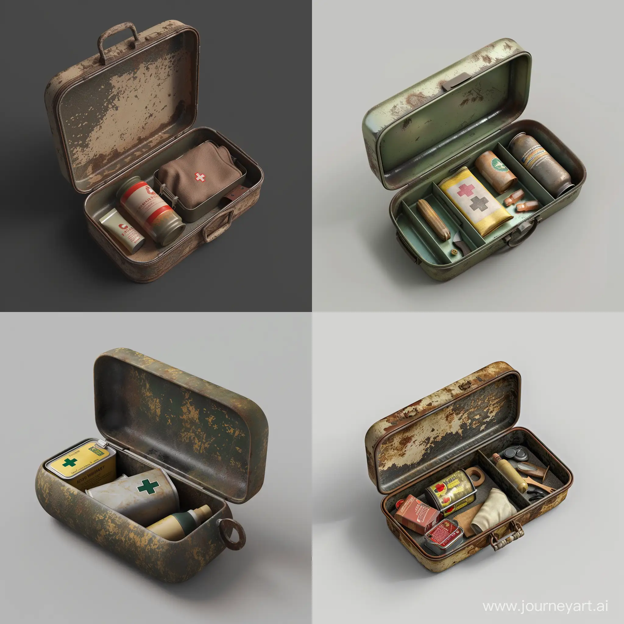 isometric realistic mini very small simple opened survival kit in realistic worn oblong metal case, 3d render, stalker style, less details, hunting first aid, hygiene, canned