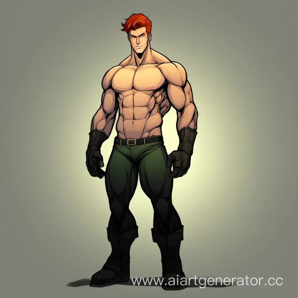 A supervillian character that I created. I want it to be a full body picture. He is around 20 to 25 years old. Italian/Irish male, 5’ 10’’, a mixture of fair and tan skin tone, Inverted triangle torso (without muscle), Slightly chubby, medium colored ginger and wavy (but short) hair (like a sort of fire), His thighs look like tree trunks with muscle, Strong square chin line.