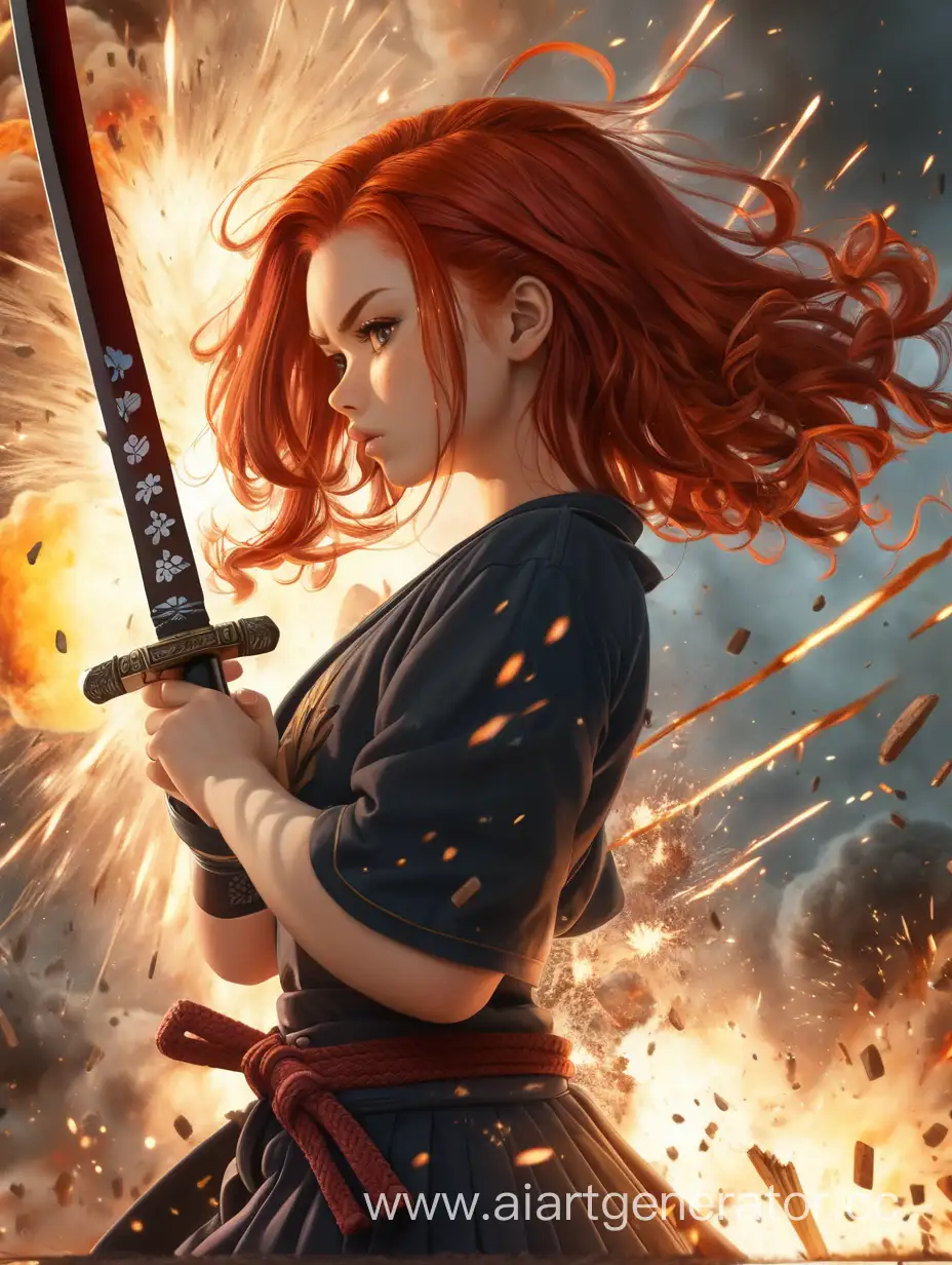 шикарная девушка с красными волосами, в руках катаны, сзади большой взрыв, арт