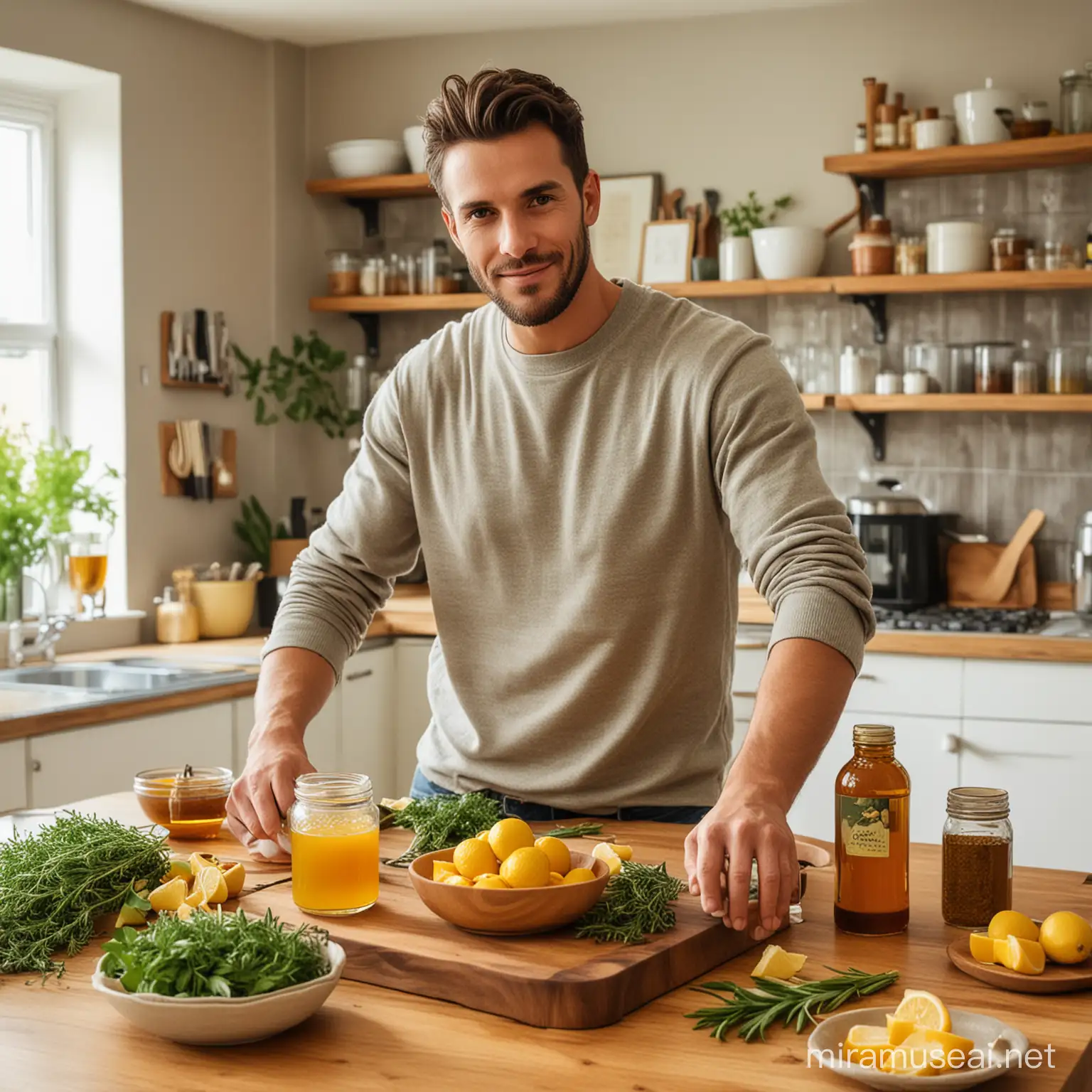 a handsome man with different herbs with lemon, honey, tumeric in a kitchen island with grandparents at the background