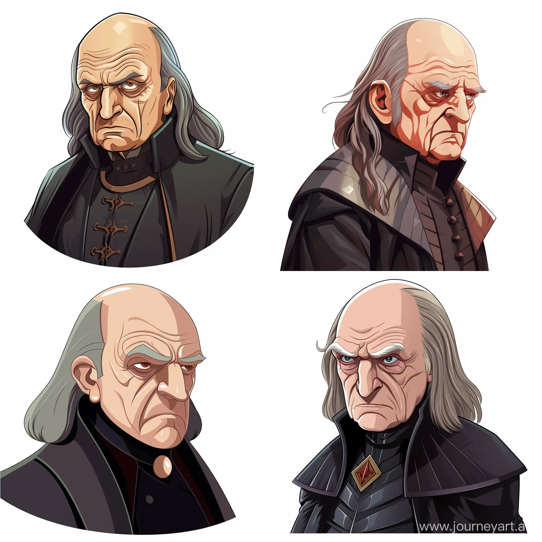 Argus Filch, with long gray hair, bald on top, looking like actor David John Bradley, on a white background, cartoon style, illustration