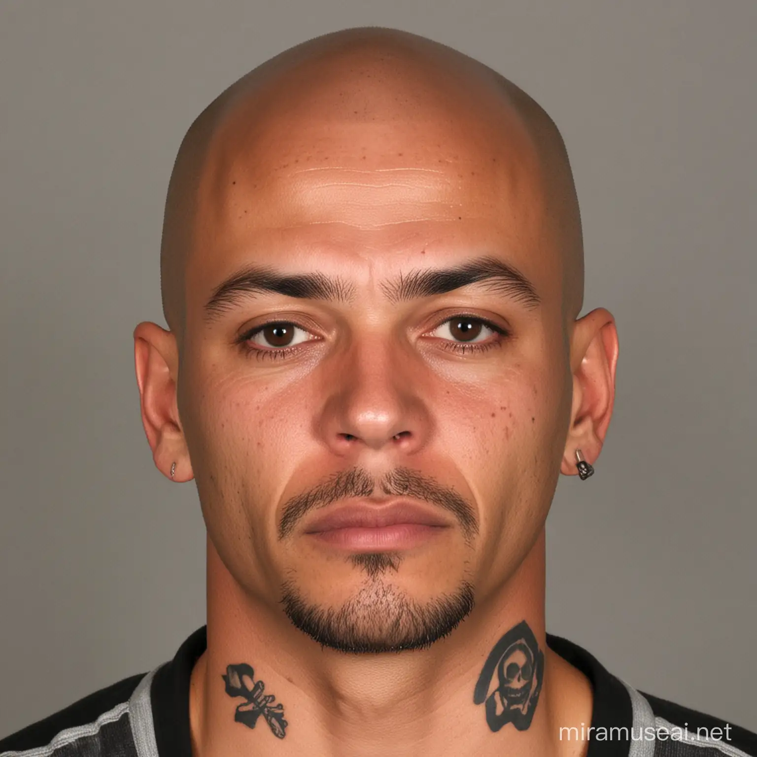 A mugshot of a wanted man named David Brown, A African American male with bald head and brown eyes. Known to have a tattoo of a skull on his right shoulder.
