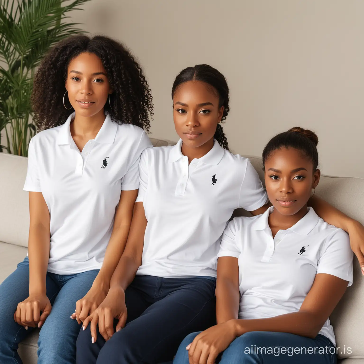 black women in white polo shirts relaxing on a couch