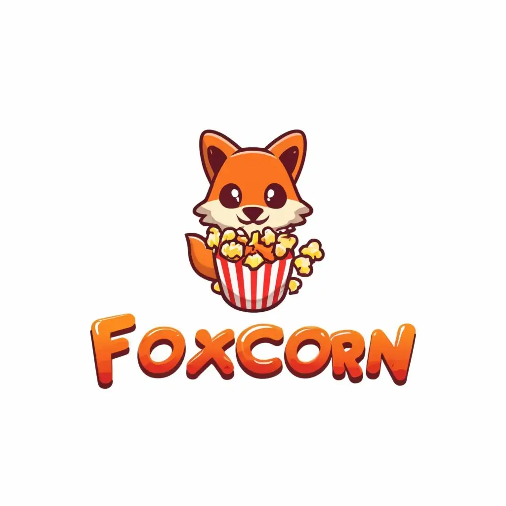 a logo design,with the text "Foxcorn", main symbol:A sweet, friendly cartoon fox and incorporate popcorn with the fox,Moderate,be used in Entertainment industry,clear background