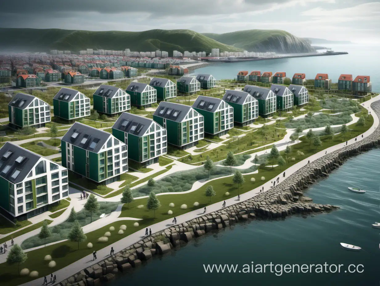 northern city with low houses, green building, modern seafront, landscaping
